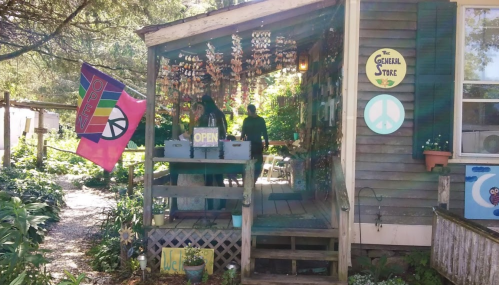 A quaint general store with a colorful flag, surrounded by greenery and decorated with hanging items.