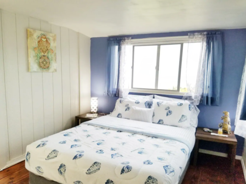 Cozy bedroom with a blue accent wall, a bed with patterned bedding, and a window letting in natural light.