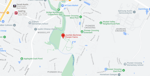 Map showing the location of Jourdan-Bachman Pioneer Farms in relation to nearby streets and landmarks.
