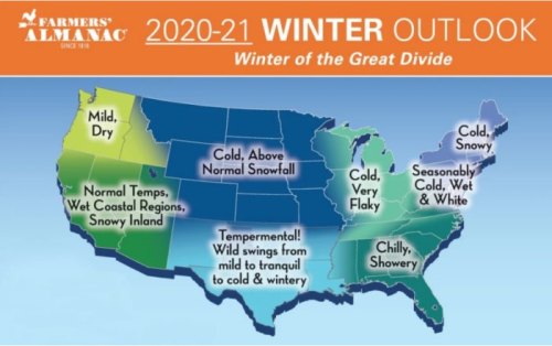 Map of the U.S. showing the 2020-21 winter outlook with varying weather conditions across regions.
