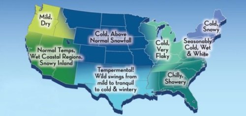 A colorful map of the U.S. showing various winter weather patterns across different regions.