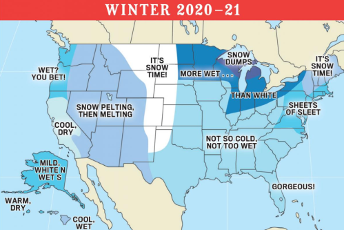 Map of the U.S. showing winter weather patterns for 2020-21, with varying conditions across different regions.