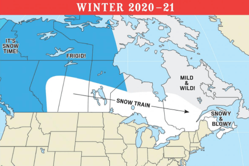 Map of North America highlighting winter conditions for 2020-21, with areas marked for snow, frigid temperatures, and mild weather.