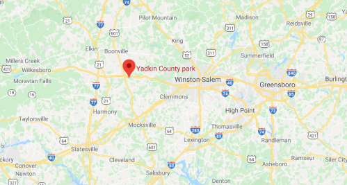 Map showing Yadkin County Park location in North Carolina, near Winston-Salem and Greensboro.