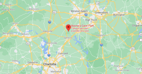 Map showing Boone's Cave Park in North Carolina, noted for its tranquil setting and pioneer-era cave.