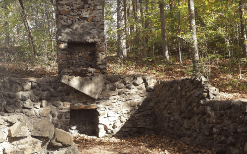 Ruins of a stone fireplace in a wooded area, surrounded by trees and fallen leaves.