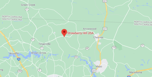 Map showing the location of Strawberry Hill, USA, near Chesnee, South Carolina, with surrounding roads and landmarks.
