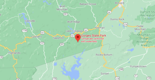 Map showing Gorges State Park, a temperate rainforest with waterfalls, located in North Carolina.