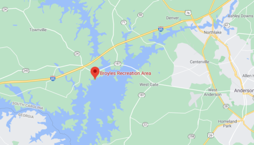Map showing the Broyles Recreation Area near Denver, South Carolina, with surrounding roads and landmarks.
