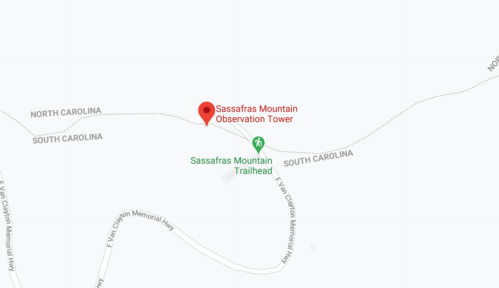Map showing the location of Sassafras Mountain Observation Tower and Sassafras Mountain Trailhead in South Carolina.