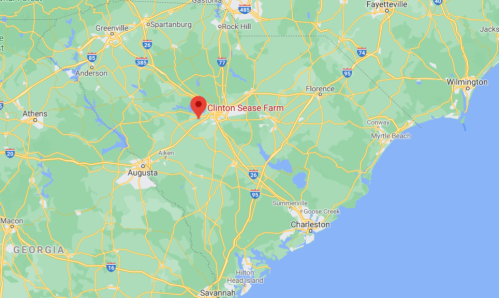 Map showing the location of Clinton Sease Farm in South Carolina, near major highways and surrounding cities.