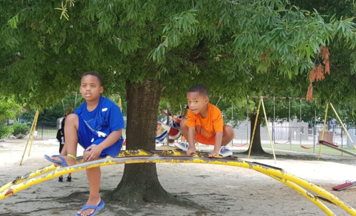 Two boys play on a yellow climbing structure under a large tree in a playground, one sitting and the other crouching.