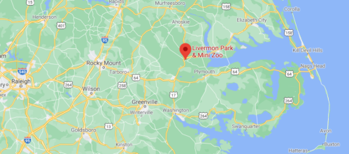 Map showing Livermon Park & Mini Zoo location in North Carolina, near Rocky Mount and the coast.