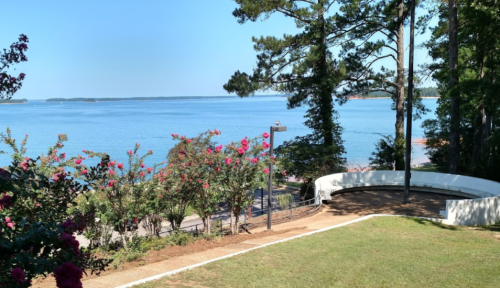 Scenic view of a lake surrounded by trees and flowering plants, with a clear blue sky above.