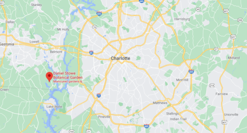 Map of Charlotte, North Carolina, highlighting the location of Daniel Stowe Botanical Garden to the southwest.
