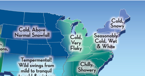 Map showing winter weather forecasts across the U.S., with regions labeled for conditions like "Cold," "Snowy," and "Chilly."