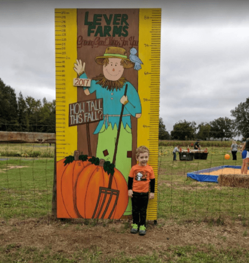 A child stands next to a colorful height chart featuring a scarecrow and pumpkins at Lever Farms.