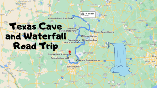 Map of a Texas road trip route featuring caves and waterfalls, highlighting key stops and travel time.