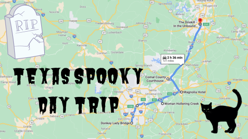 Map of Texas with a route marked for a spooky day trip, featuring text and a black cat silhouette.