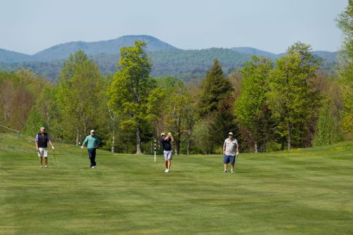 Four golfers walking on a lush green course with mountains in the background on a sunny day.
