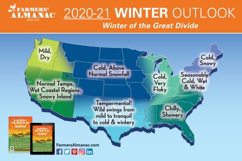 Map showing the 2020-21 winter outlook for the U.S., highlighting various weather conditions across regions.