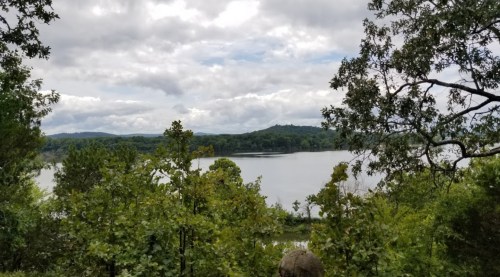 A serene lake surrounded by lush greenery and trees under a cloudy sky.