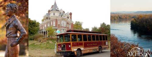 A statue, a historic mansion, and a trolley bus near a river, showcasing Atchison's attractions.