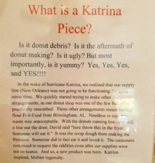 A sign explaining the origin of a donut piece called "Katrina," inspired by Hurricane Katrina's supply issues.