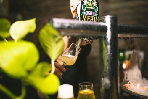 A person pours mead from a tap into a glass, surrounded by greenery and soft lighting.
