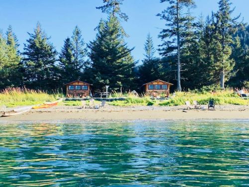 Two cozy cabins by a serene beach, surrounded by tall trees and calm water on a sunny day.