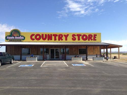 A wooden country store with a large sign reading "Apple Annie's Orchard Country Store" under a blue sky.