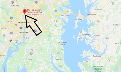 Map highlighting "The Fire Station 1 Restaurant & Bar" location near Washington, D.C., with an arrow pointing to it.