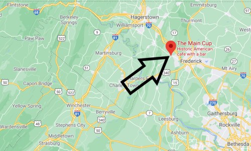 Map highlighting "The Main Cup," a historic American café with a bar, located near Frederick, Maryland.