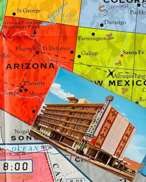 A vintage postcard of a hotel overlaid on a colorful map of Arizona and New Mexico, highlighting nearby cities.