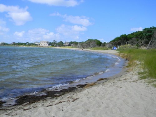 A sandy beach curves along a calm shoreline, with gentle waves and green vegetation under a blue sky.
