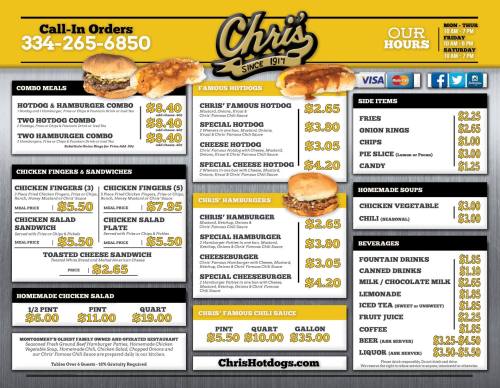Menu for Chris's Hotdogs featuring combos, sandwiches, sides, soups, and beverages with contact info and hours.