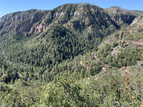 A scenic view of a mountainous landscape with lush green trees and winding roads under a clear blue sky.