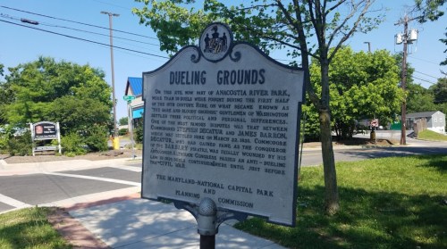 Historical marker at Dueling Grounds, Angostura River Park, detailing a duel between Decatur and Barlow in the 1800s.