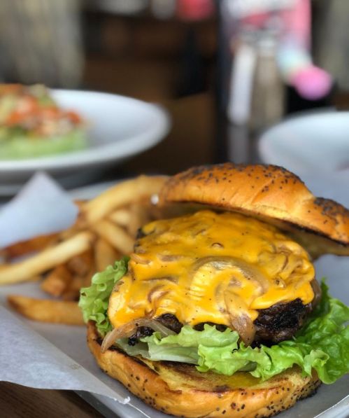 A juicy cheeseburger with melted cheddar, lettuce, and grilled onions, served with crispy fries on the side.