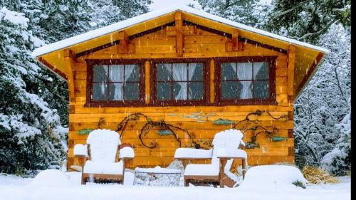 A cozy wooden cabin with snow-covered chairs in front, surrounded by a snowy landscape and trees.