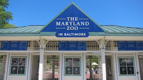 Entrance to the Maryland Zoo in Baltimore, featuring a blue sign and ticket booths under a clear blue sky.