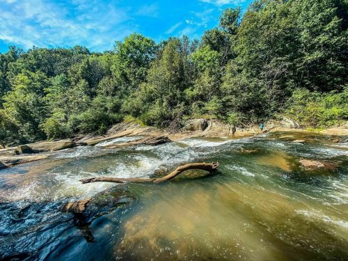 A serene river flows through a lush green landscape, with trees lining the banks and a person standing on the shore.