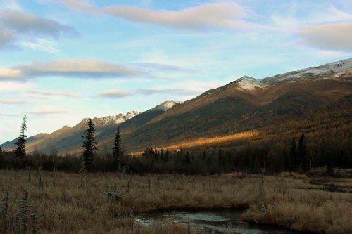 A serene landscape featuring mountains, a river, and golden grass under a blue sky with scattered clouds.