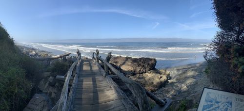 A wooden walkway leads to a sandy beach with gentle waves under a clear blue sky. Coastal vegetation frames the scene.