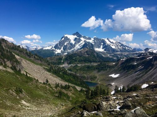 A stunning mountain landscape with snow-capped peaks, lush greenery, and a serene lake under a blue sky with clouds.