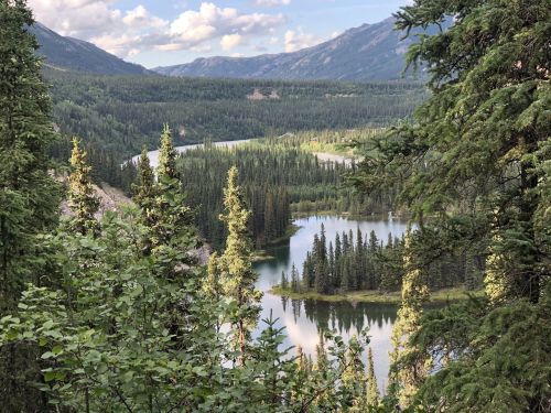 A scenic view of a winding river surrounded by lush green forests and mountains under a partly cloudy sky.