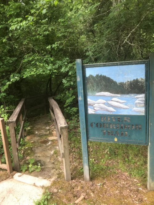 Sign for "Cypress Creek Ranger Trail" next to a wooden bridge surrounded by lush greenery.