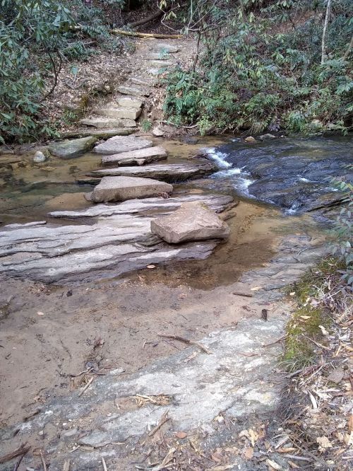 A serene stream with smooth rocks and gentle water flow, surrounded by lush greenery and a rocky bank.