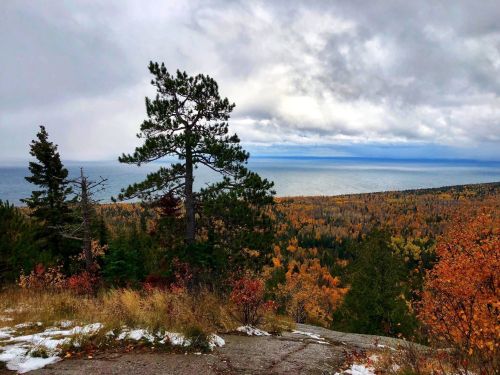 A scenic view of a lake surrounded by autumn foliage and cloudy skies, with evergreen trees in the foreground.