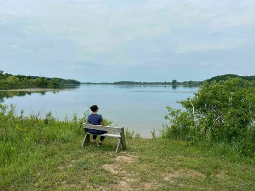 A person sits on a bench by a calm lake, surrounded by greenery under a cloudy sky.